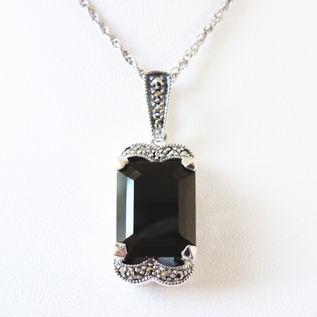 Faceted Black Onyx Rectangle Marcasite Pendant - Click Image to Close